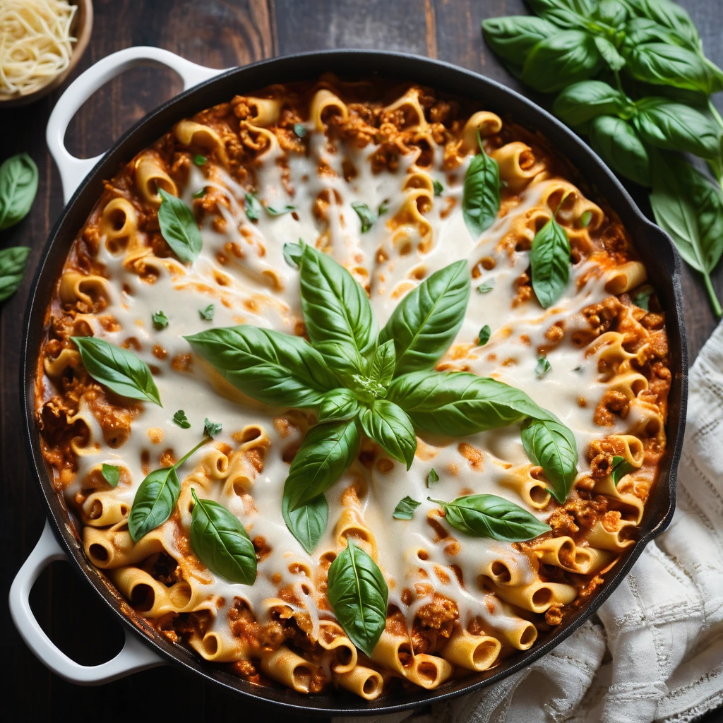 Golden skillet filled with bubbly lasagna noodles, ground beef, and melted cheese, garnished with fresh basil.