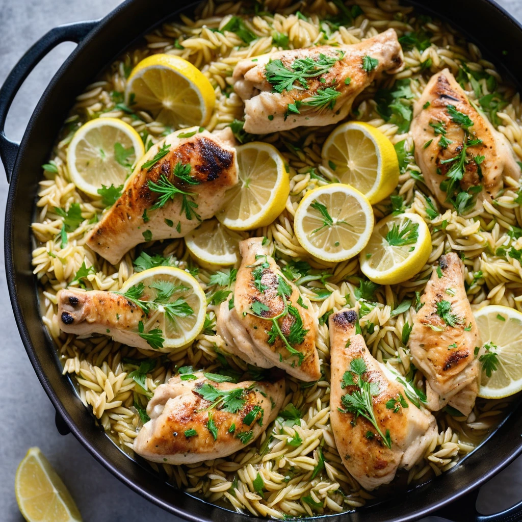 Golden orzo and tender chicken pieces in a vibrant lemon sauce, garnished with fresh parsley, served in a rustic pot.