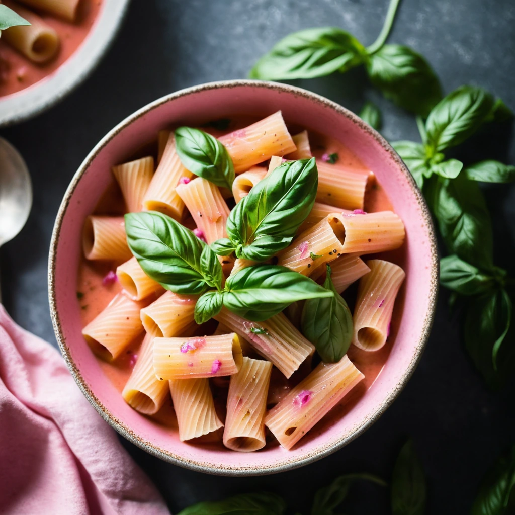 Plump rigatoni pasta in a vibrant pink sauce, sprinkled with fresh basil in a rustic bowl.