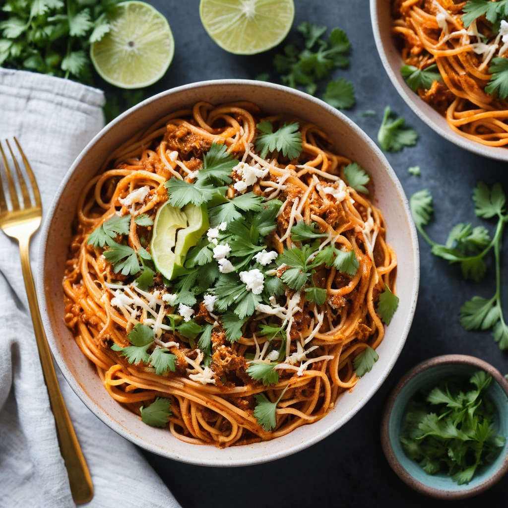 Bowl of vibrant orange and red pasta topped with melted cheese and fresh cilantro