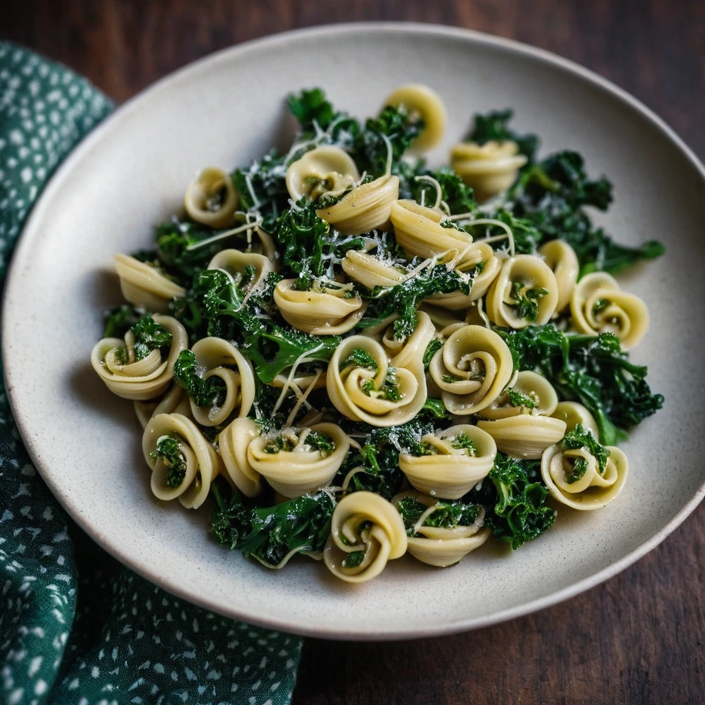 Golden orecchiette pasta twirled with vibrant green broccoli rabe, dotted with toasted breadcrumbs and Parmesan shavings.