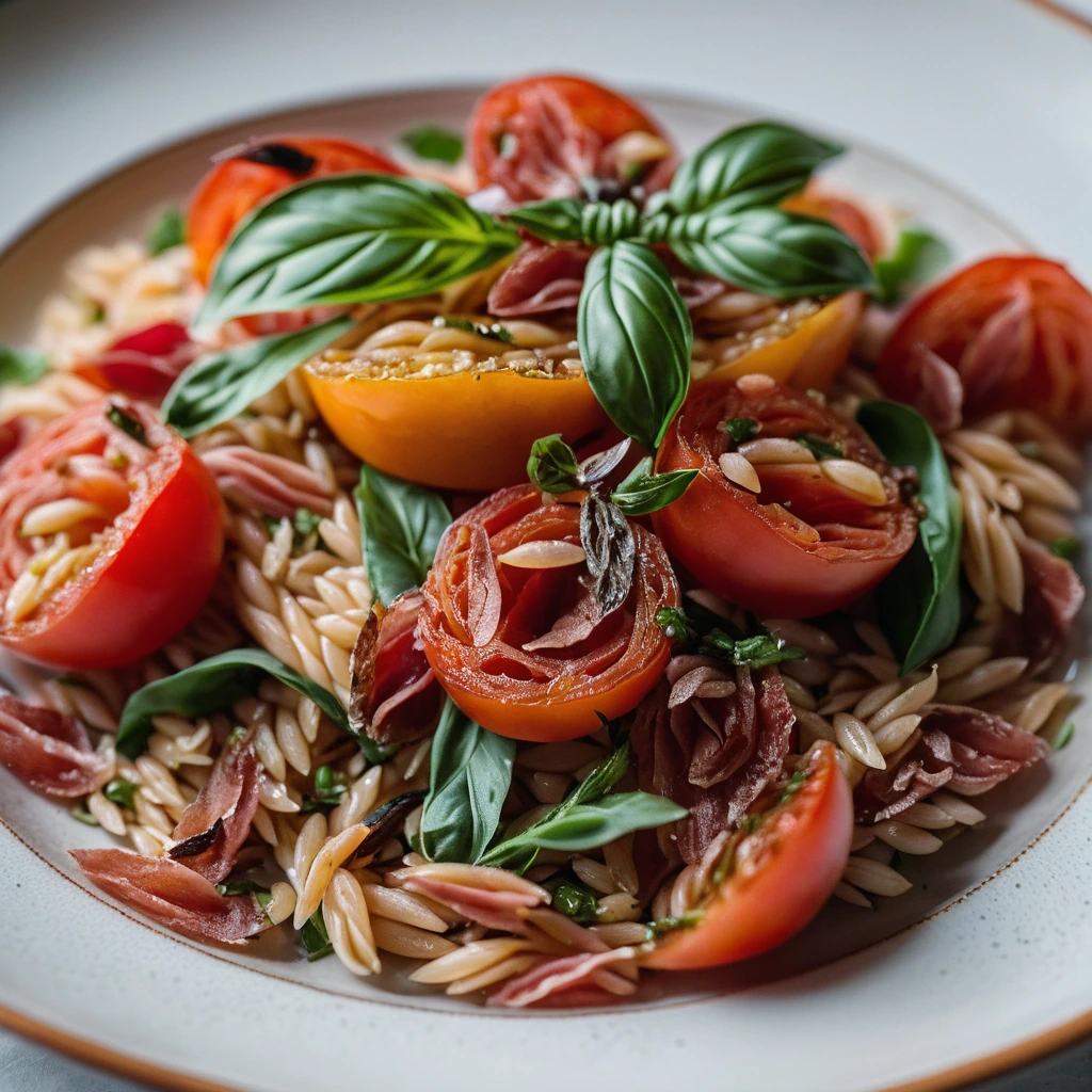 Golden orzo nestled in a vibrant sea of blistered red tomatoes, flecks of green basil, and crispy prosciutto strips.