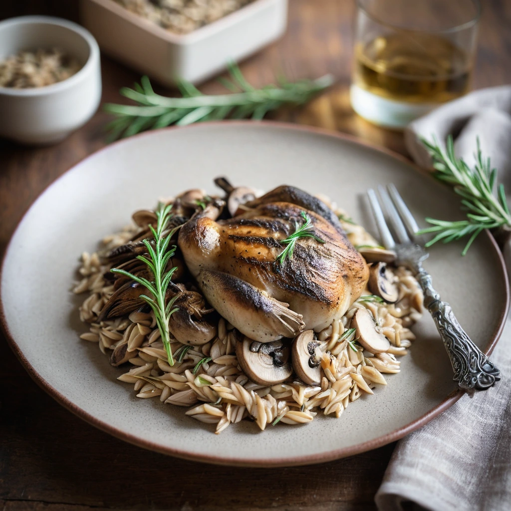 Creamy orzo with mushrooms and rosemary served with a roasted chicken breast on a rustic plate.