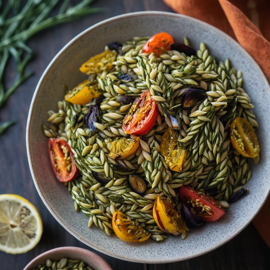 Bowl of green orzo pasta with roasted red and yellow vegetables, drizzled with vibrant pesto.