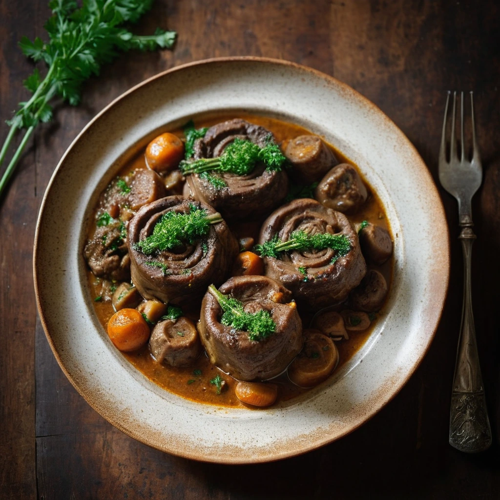 Four veal shanks in a golden brown sauce in a rustic serving dish, garnished with parsley.