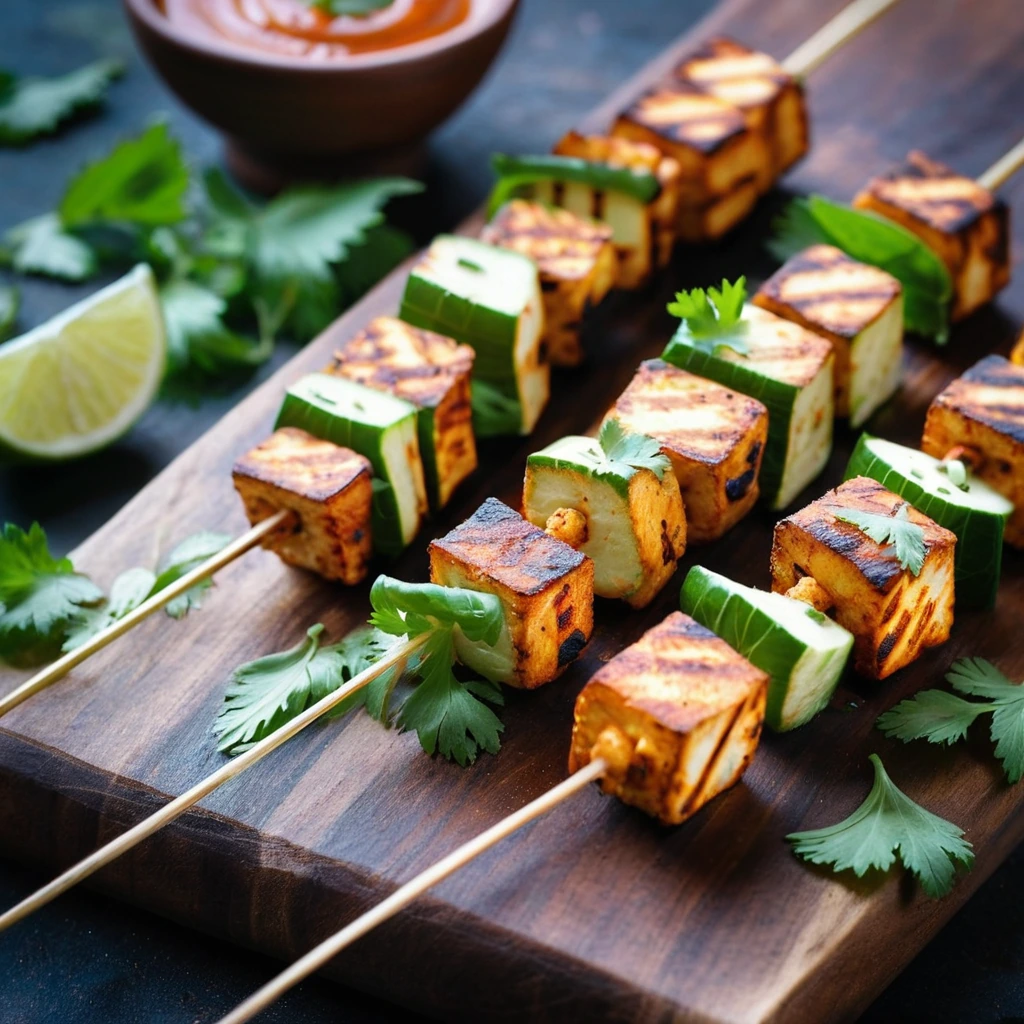 Skewers of golden halloumi cubes grilled to perfection, arranged on a rustic wooden board with fresh cilantro.