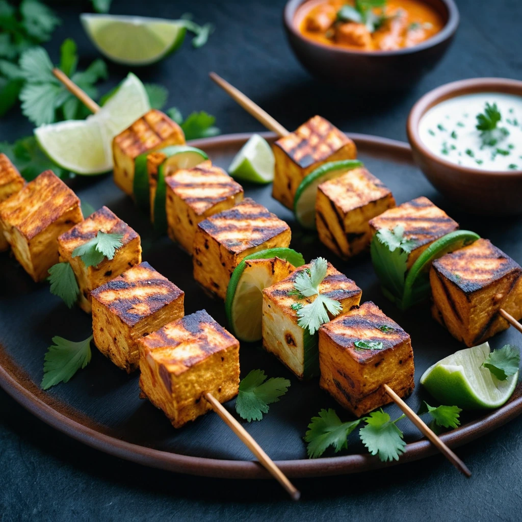 Golden paneer cubes grilled to perfection, skewered and garnished with fresh cilantro on a rustic platter.