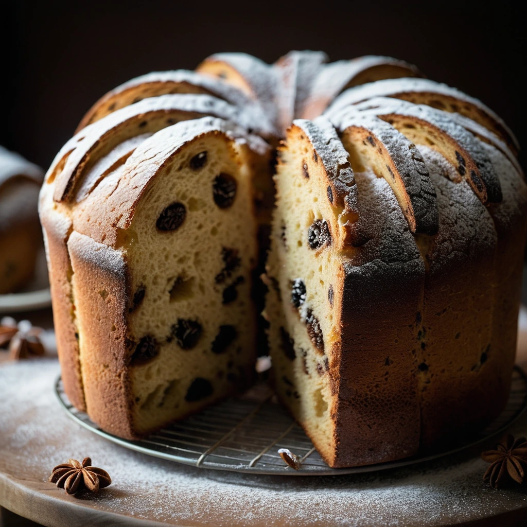 Golden loaf with a crisp crust, dusted with powdered sugar, sliced to reveal layers of raisins and candied peel.