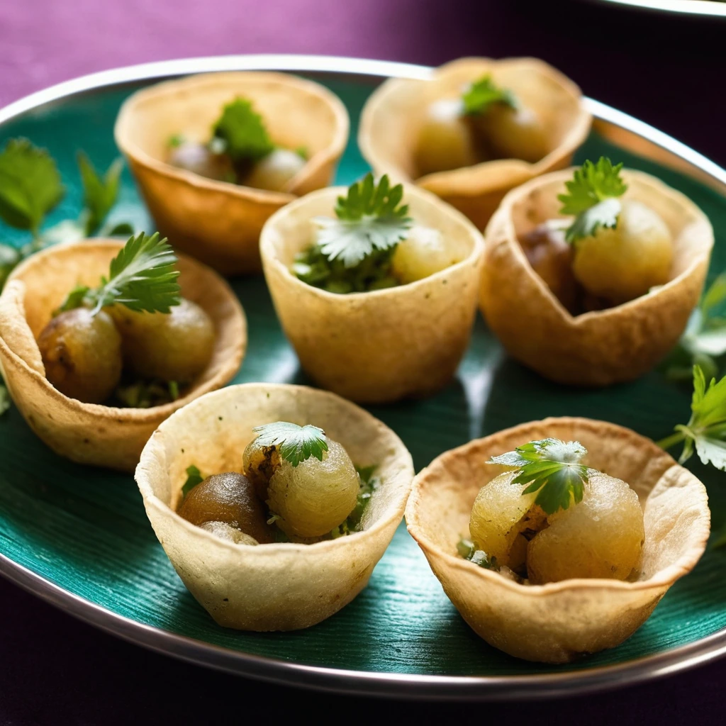Small round crispy shells filled with colorful potato mixture and topped with fresh herbs, served in a traditional Indian platter.