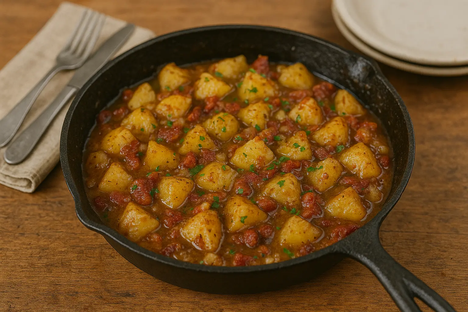 Warm German potato salad with bacon and herbs in a rustic bowl.