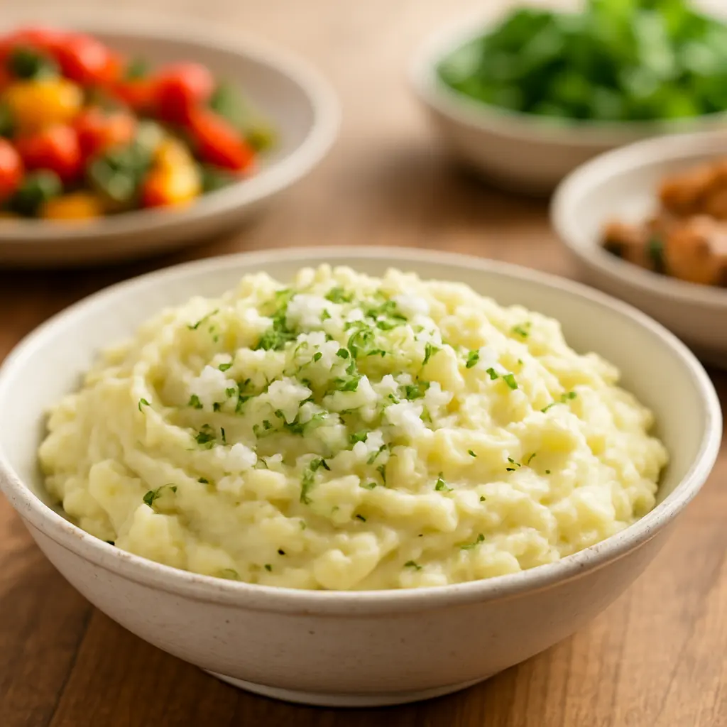 A bowl of creamy mashed potatoes topped with fresh thyme.