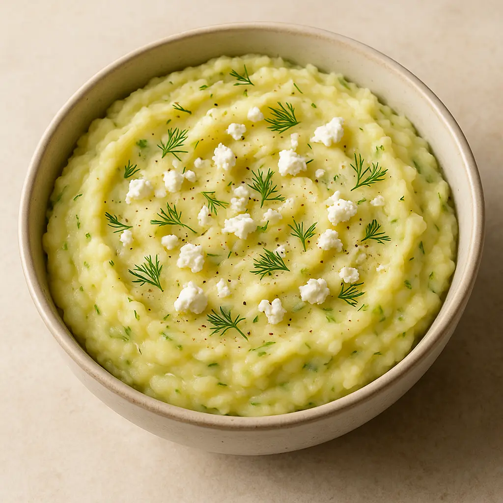 A bowl of creamy Mediterranean-style mashed potatoes topped with dill and crumbled feta.