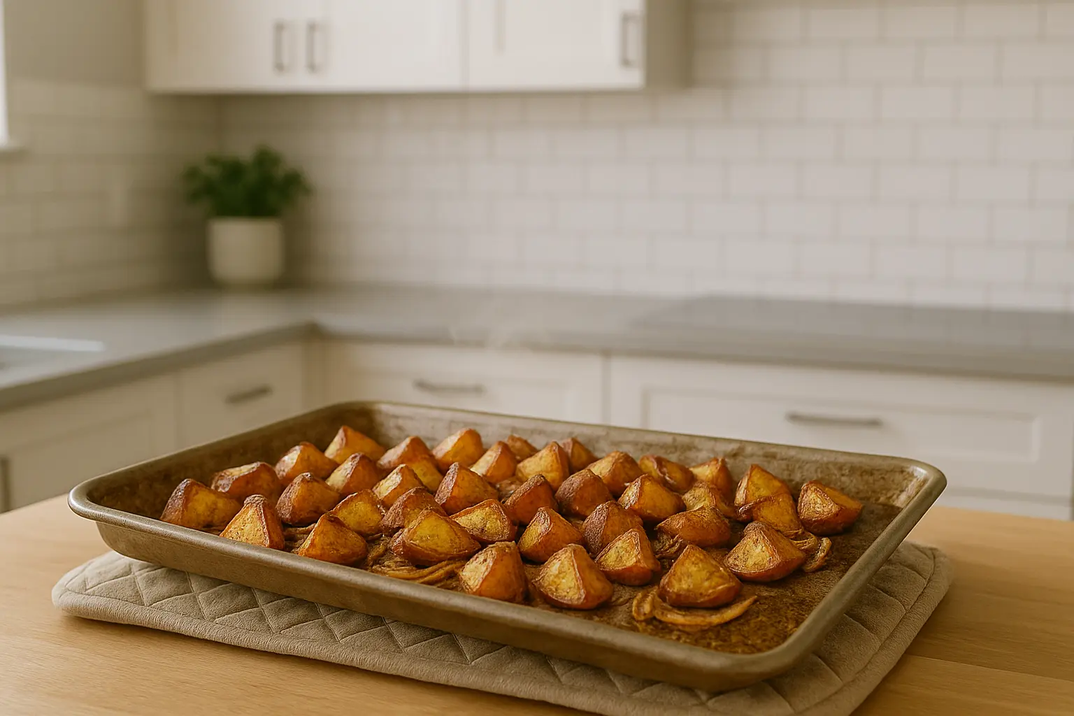 Crispy roasted red potatoes with charred onions on a sheet pan.