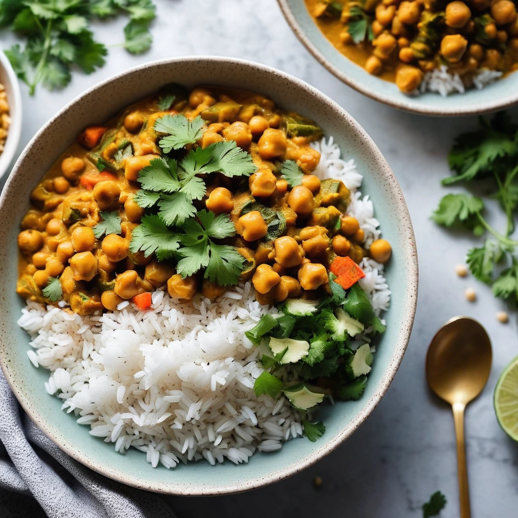 Golden curry with chickpeas and vegetables ladled over fluffy white rice, garnished with fresh cilantro.