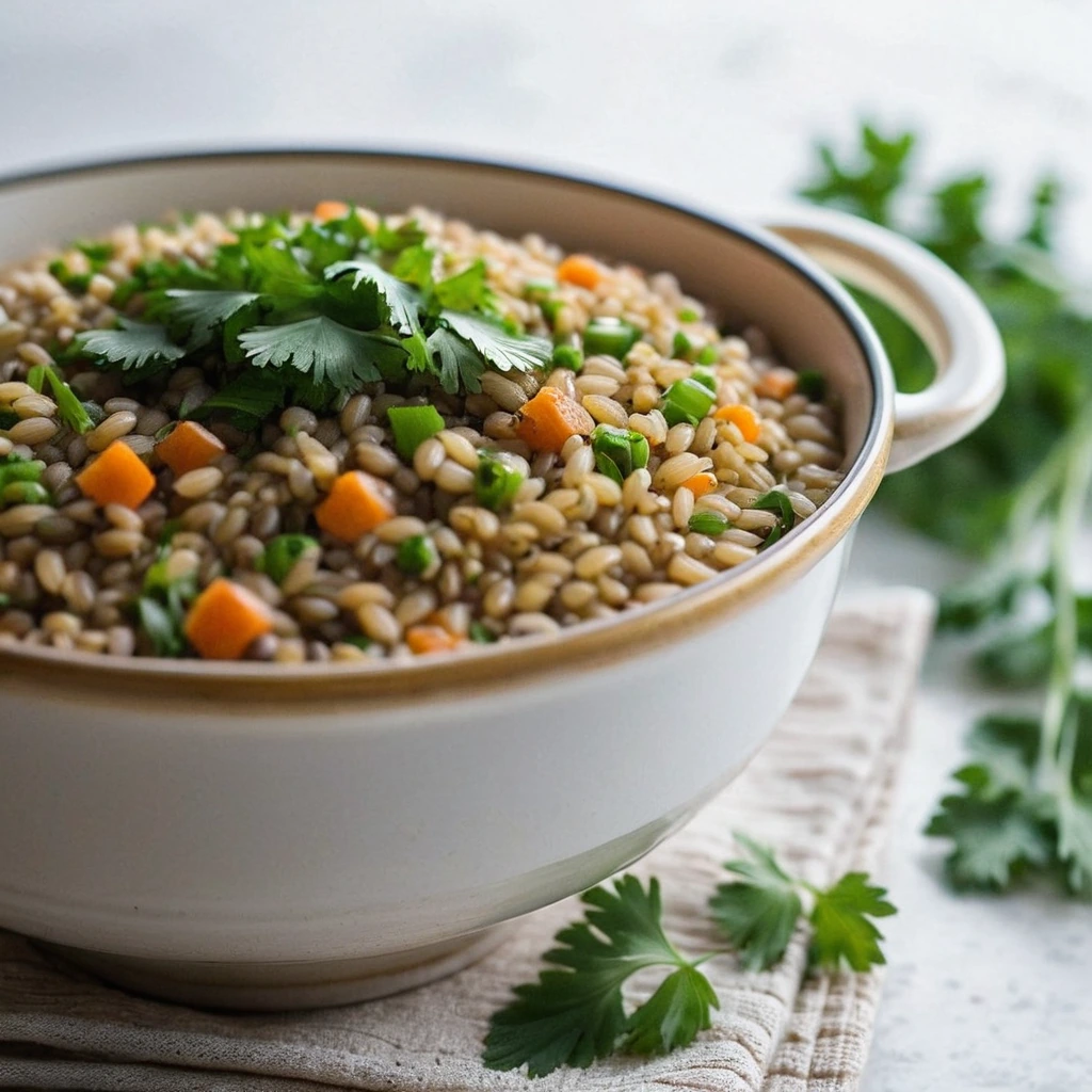 Steamy bowl of golden lentils and fluffy rice topped with fresh parsley.