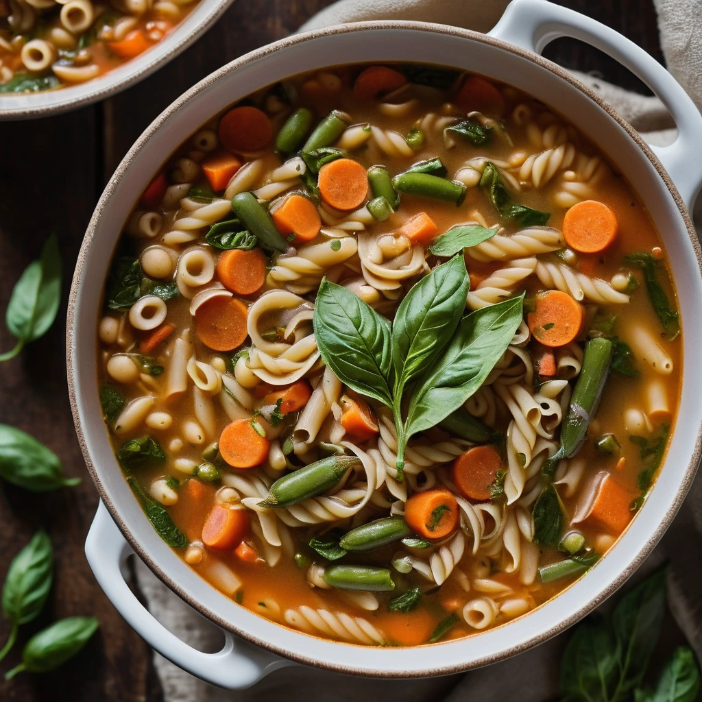 steaming bowl of golden minestrone soup with green beans, carrots, and pasta, sprinkled with fresh basil