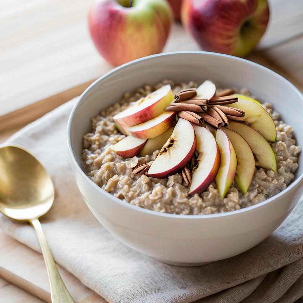 Creamy oatmeal in a bowl topped with sliced apples and a sprinkle of cinnamon