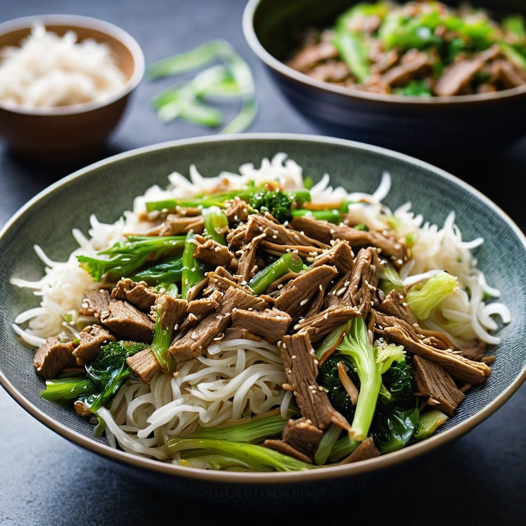Sizzling pork and shredded cabbage in a glossy sauce served in a shallow bowl with a sprinkle of sesame seeds.