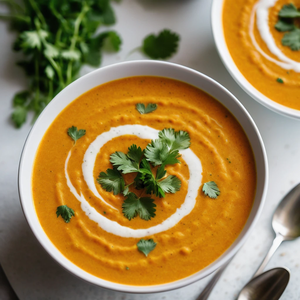 Bowl of vibrant orange soup with a swirl of coconut milk, garnished with fresh cilantro.