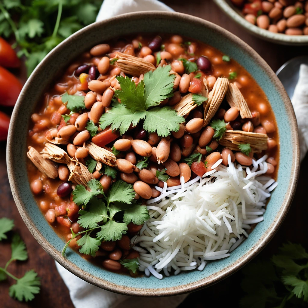 A colorful mix of shredded chicken and beans in a vibrant red salsa, served in a rustic bowl with fresh cilantro.