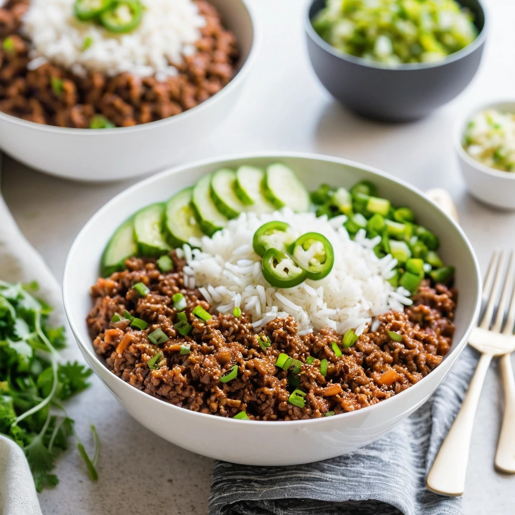Bowl of white rice topped with a mound of saucy ground beef, sprinkled with cheese and diced green onions.