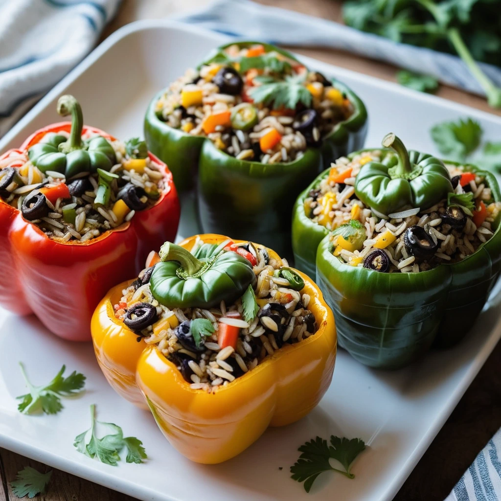 Baked bell peppers stuffed with colorful rice and vegetables topped with melted cheese on a serving platter.
