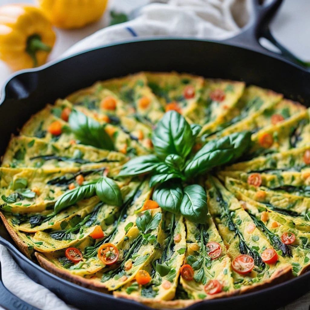 Golden frittata with vibrant specks of vegetables in a cast iron skillet