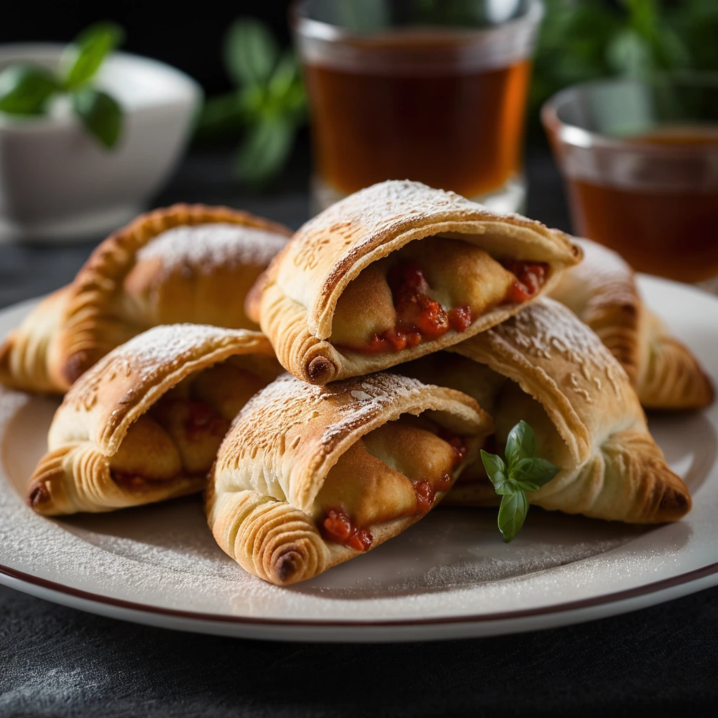Golden fried mini calzones on a plate with a drizzle of tomato sauce and a sprinkle of oregano.