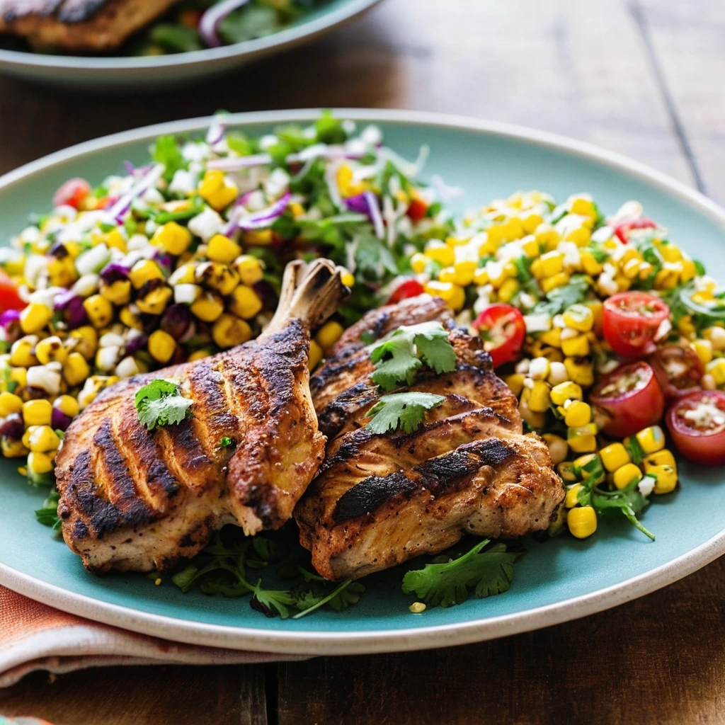 Grilled chicken thighs on a plate with a colorful corn salad, garnished with cilantro.