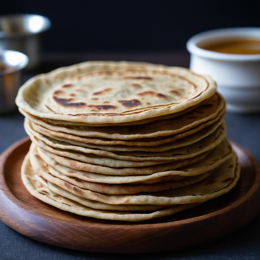 Stacked golden parathas with a flaky texture, served warm on a wooden board.