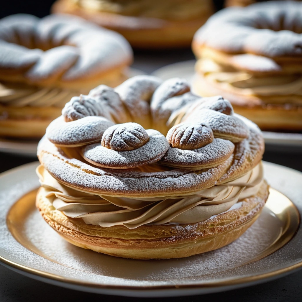 Golden brown ring-shaped pastry with smooth, tan-colored filling.