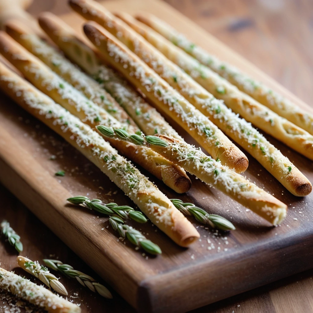 Golden brown breadsticks on a wooden board, dusted with green parsley and grated Parmesan.