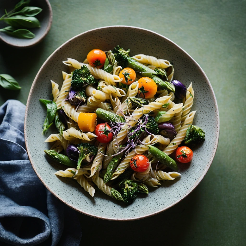 Colorful roasted spring vegetables and green pasta in a bowl, sprinkled with fresh basil.
