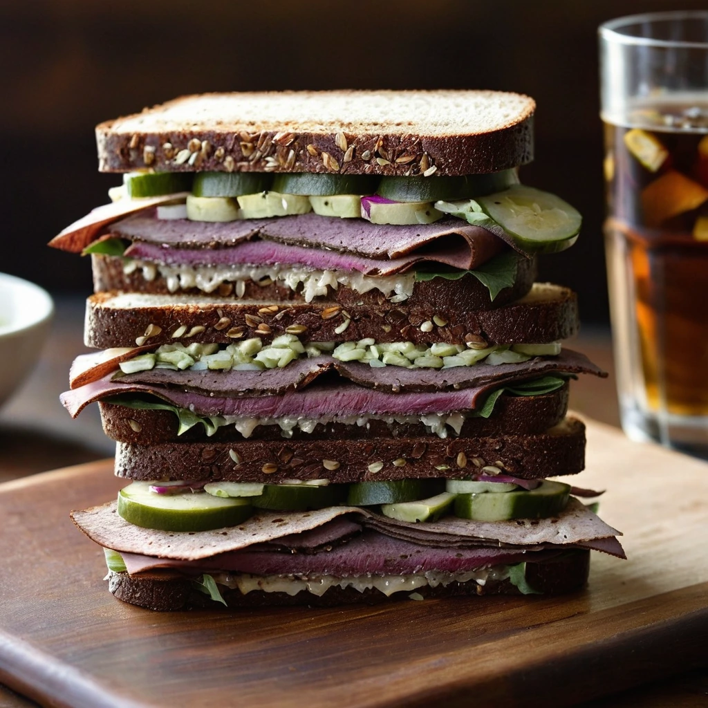 A thick pastrami sandwich on toasted rye bread with melted Swiss cheese and pickles.