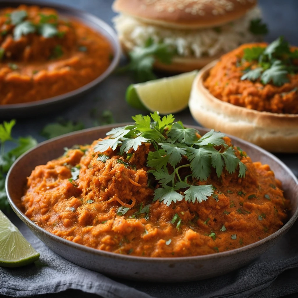 Golden toasted buns nestled in a vibrant orange-red vegetable mash, sprinkled with fresh cilantro.