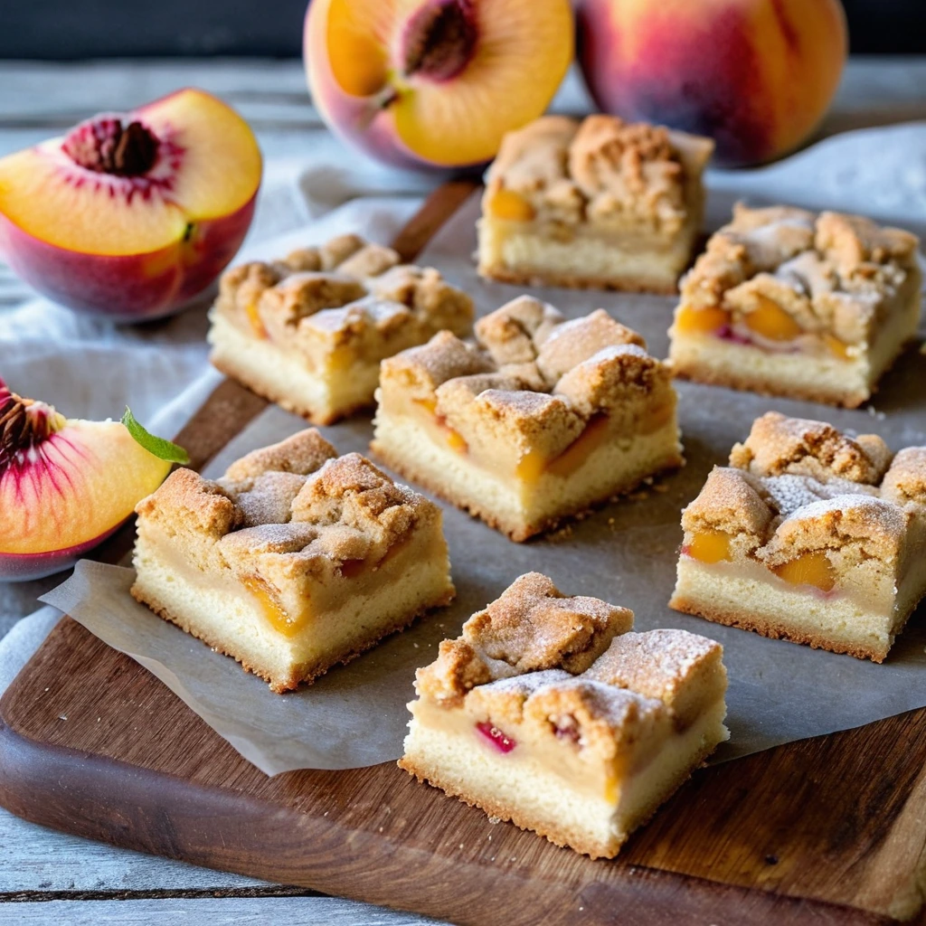 Golden sugar cookie bars topped with juicy peach slices and a sprinkle of cinnamon, arranged on a rustic wooden board.