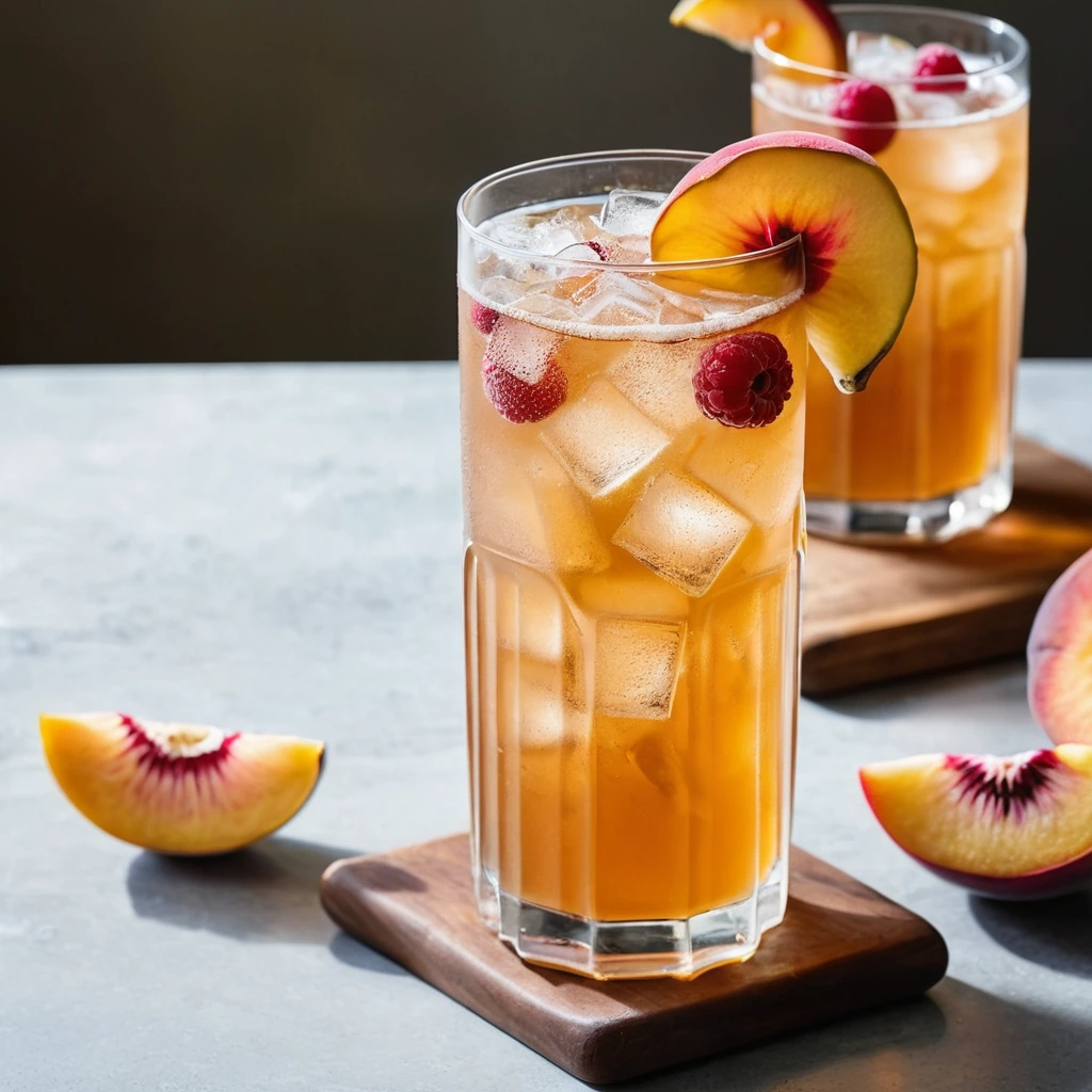 A tall glass of amber-colored drink with peach slices and a ginger sliver floating in a fizzy iced tea