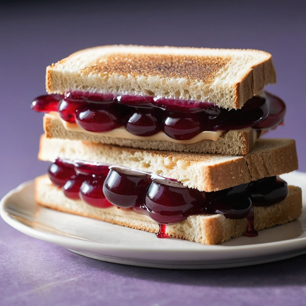 Toasted white bread sandwich with golden crusts, filled with creamy peanut butter and vibrant red jelly, dusted with powdered sugar.