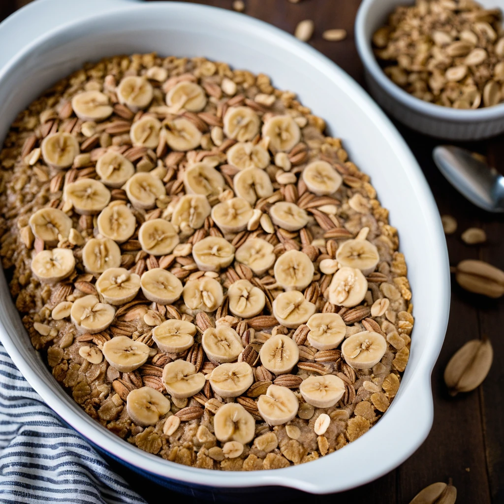 Golden baked oatmeal in a casserole dish, topped with sliced bananas and peanut butter drizzle
