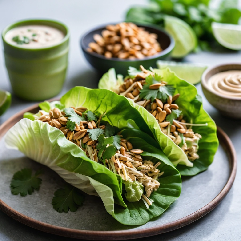 Green lettuce cups filled with shredded chicken and drizzled with a creamy peanut sauce, vibrant with lime zest.