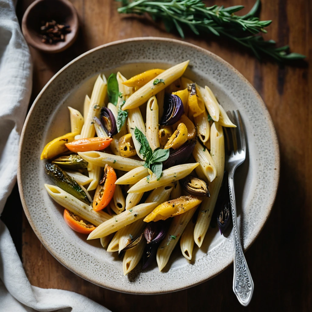 Penne pasta twirled with roasted vegetables in a vibrant yellow sauce on a rustic wooden plate.