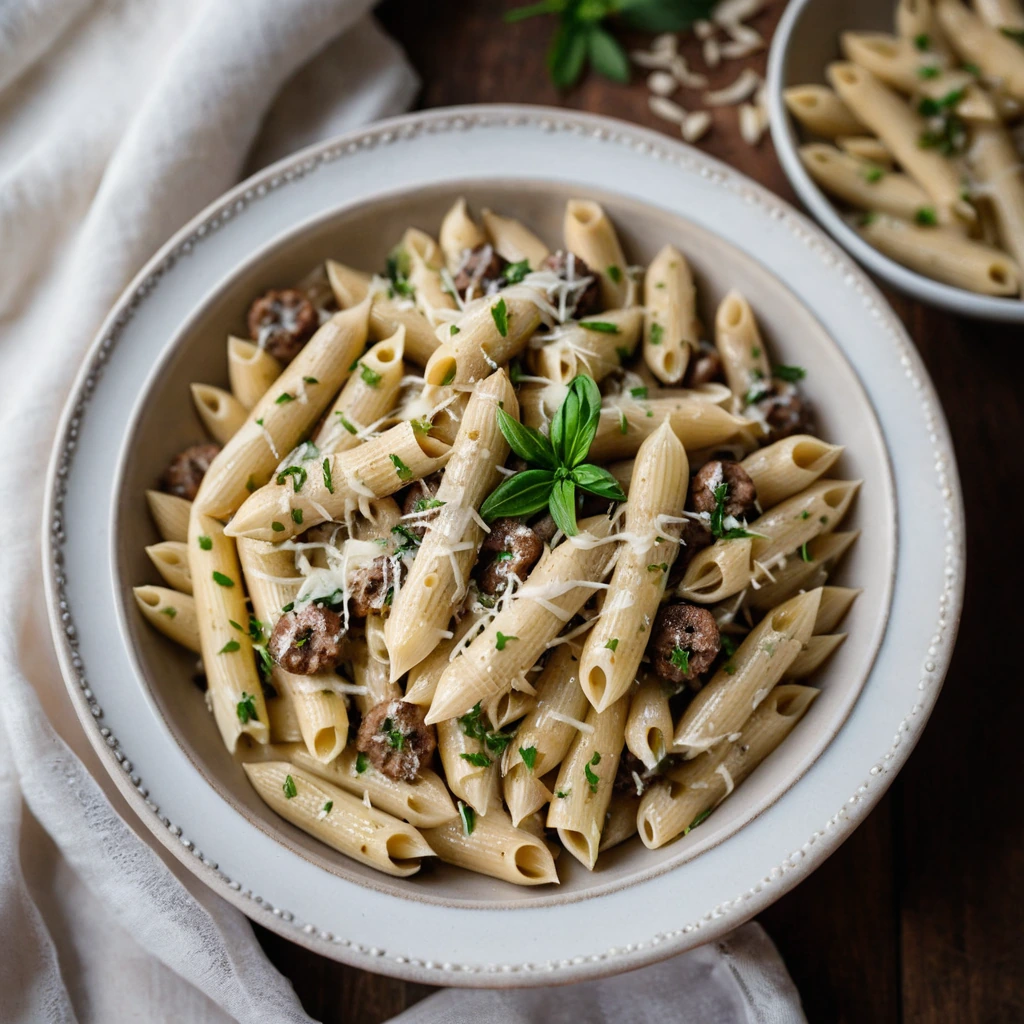 Penne pasta in a creamy white sauce with golden Italian sausage crumbles and roasted garlic cloves served in a rustic bowl.