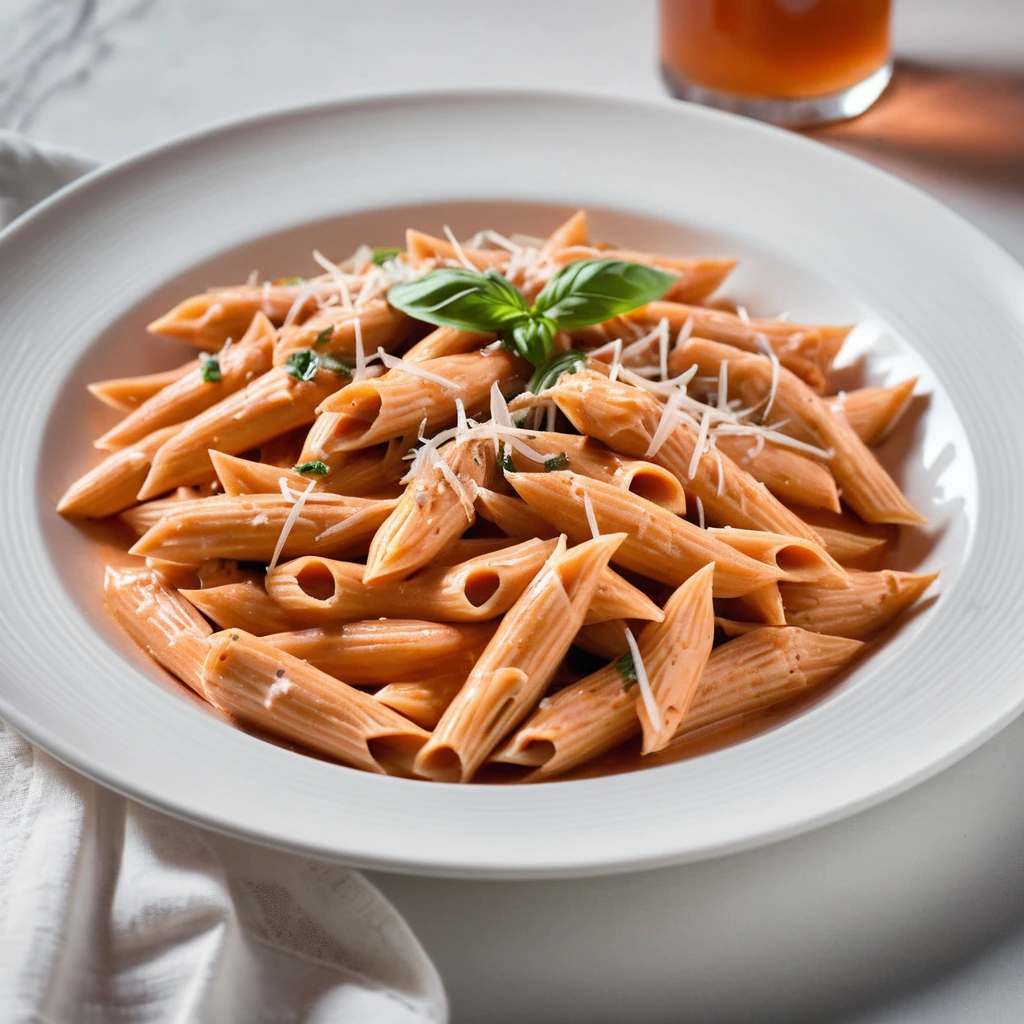 Penne pasta in a creamy pink sauce with chunks of roasted chicken on a white plate.