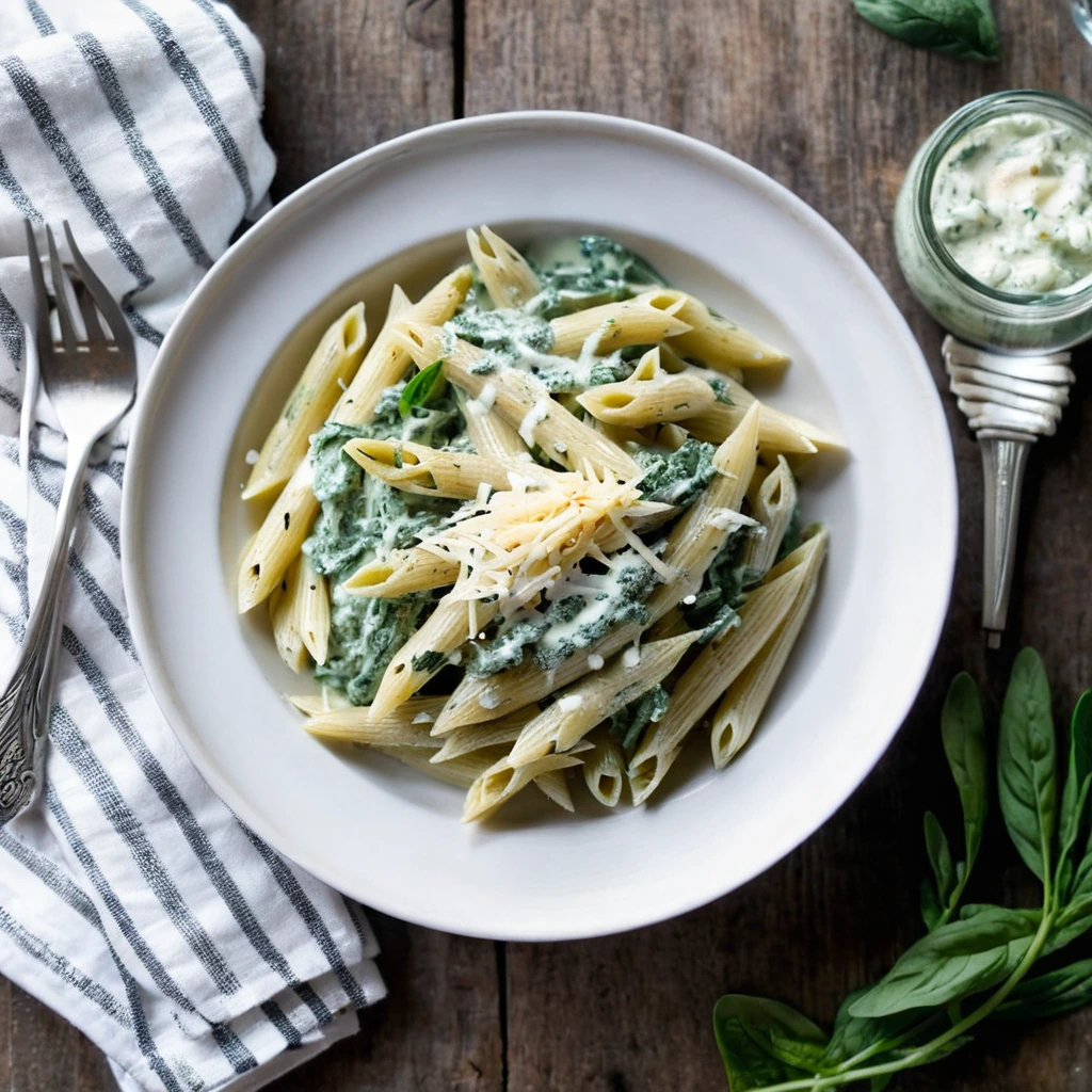 Penne with Spinach Alfredo Sauce