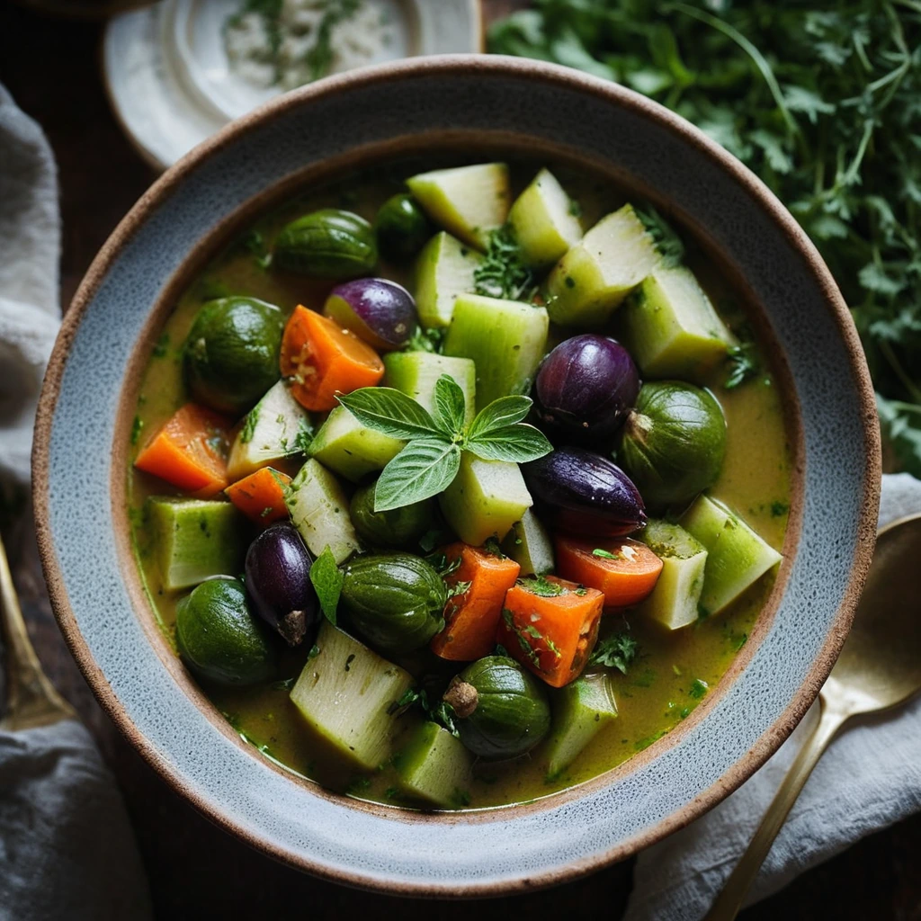 A rustic bowl of vibrant green stew with chunks of vegetables and herbs.
