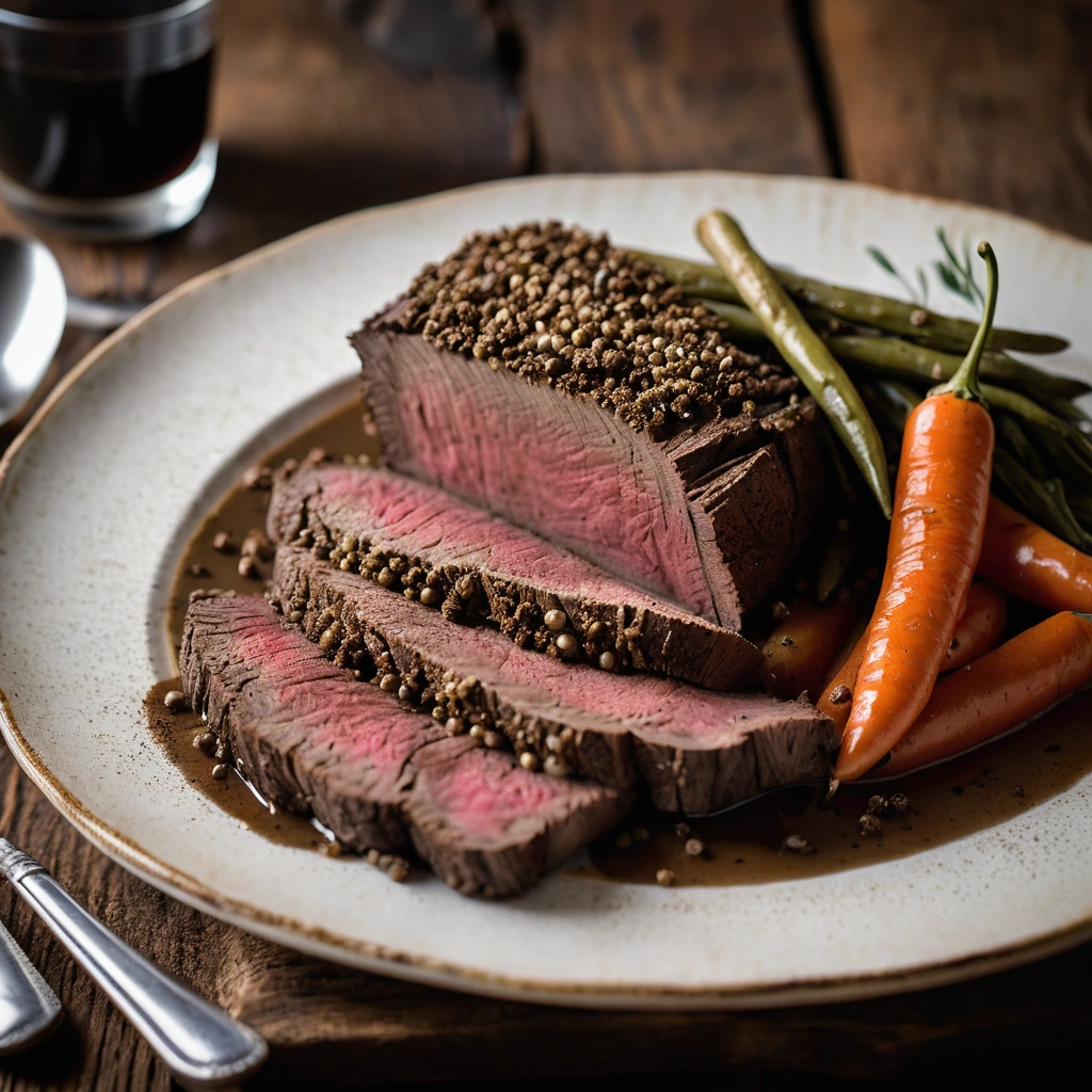 Tender slices of roast beef with a cracked black peppercorn crust served with a glossy brown gravy on a rustic wooden board.