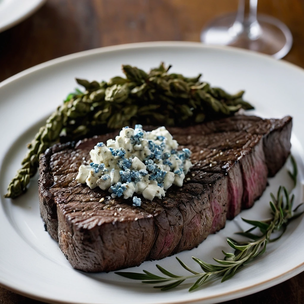 Grilled steak with a crusty peppercorn exterior served with a dollop of blue cheese butter on a rustic plate.