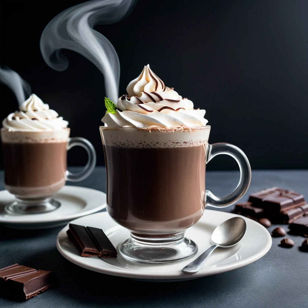 Steaming mug of dark chocolatey drink with a swirl of cream and crushed peppermint garnish.