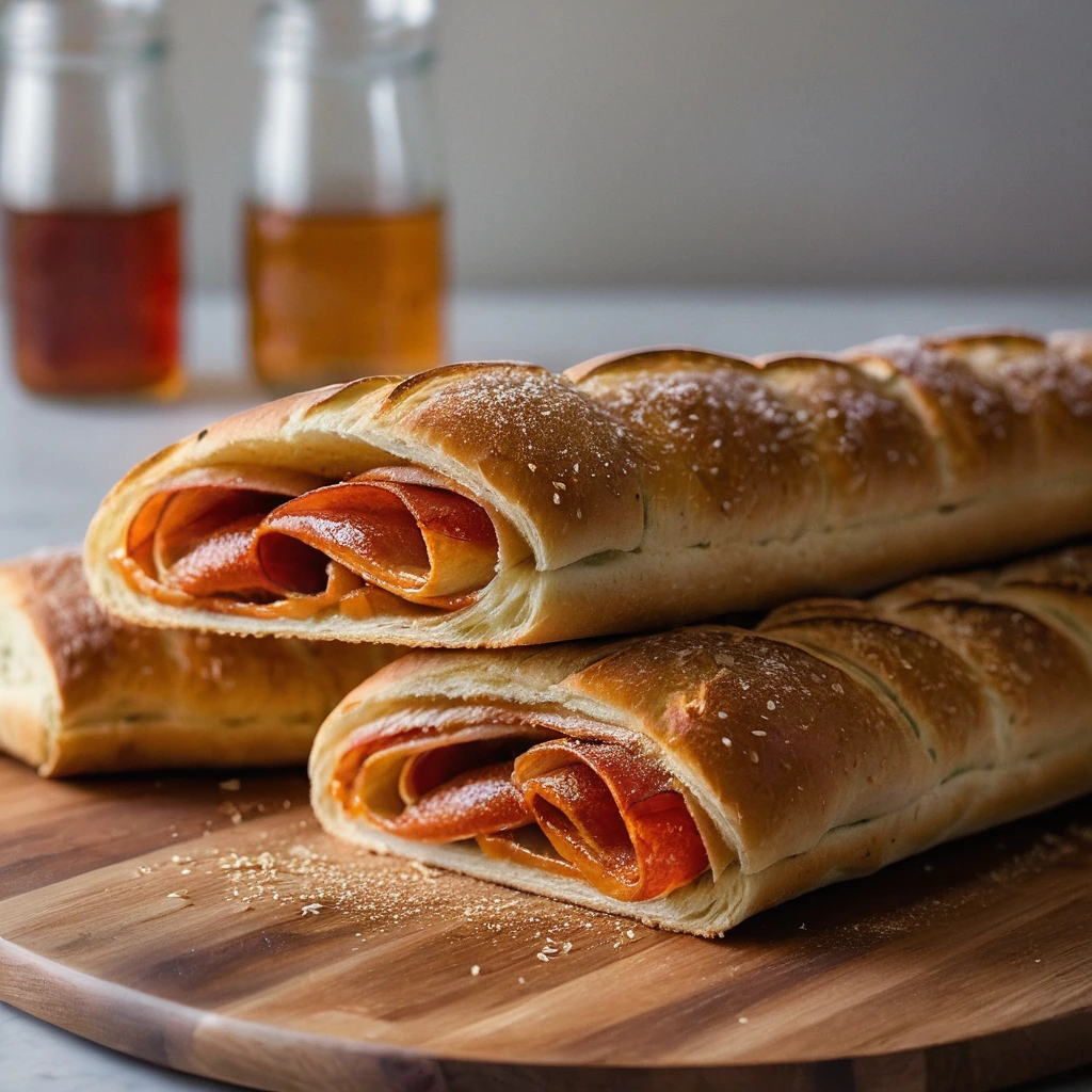 A golden stromboli with flecks of pepperoni and cheese visible, drizzled with amber hot honey.