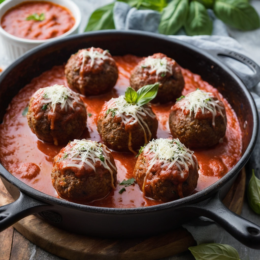 golden-brown meatballs nestled in a pool of marinara sauce, melted cheese peeking out, sprinkled with oregano on a rustic wooden board.